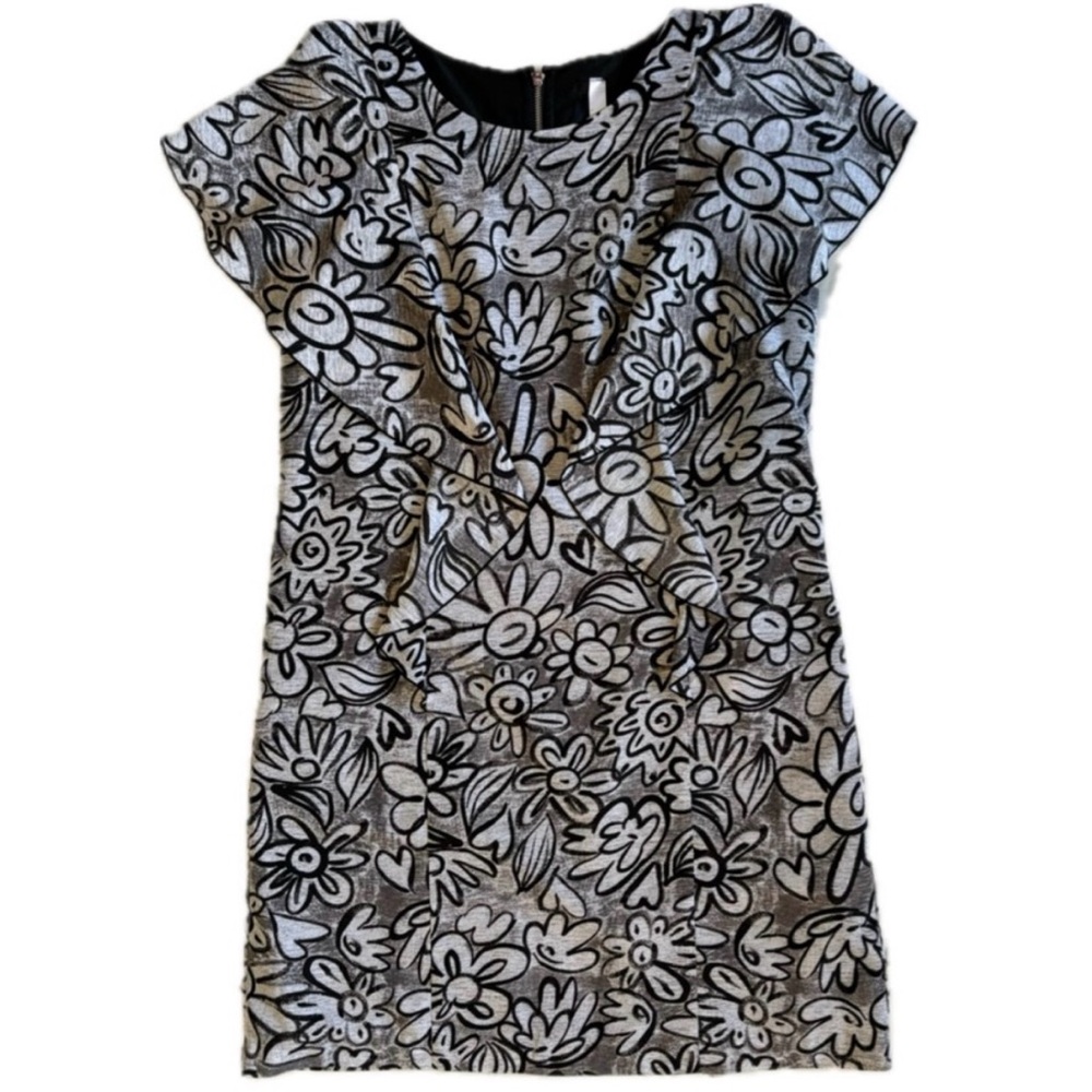 Kensie Black White Floral Ruffle Dress Mini Cap Sleeve Medium NWOT